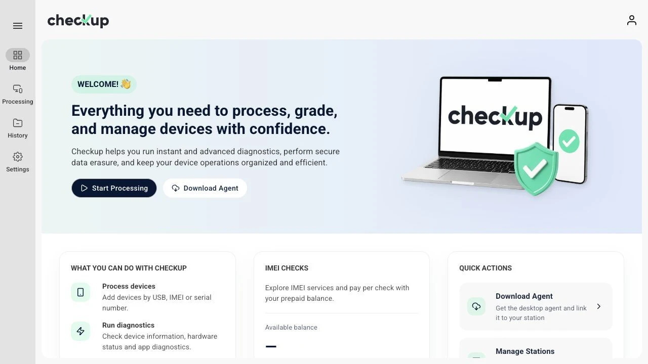 Checkup Home with Download Agent beside Start Processing.