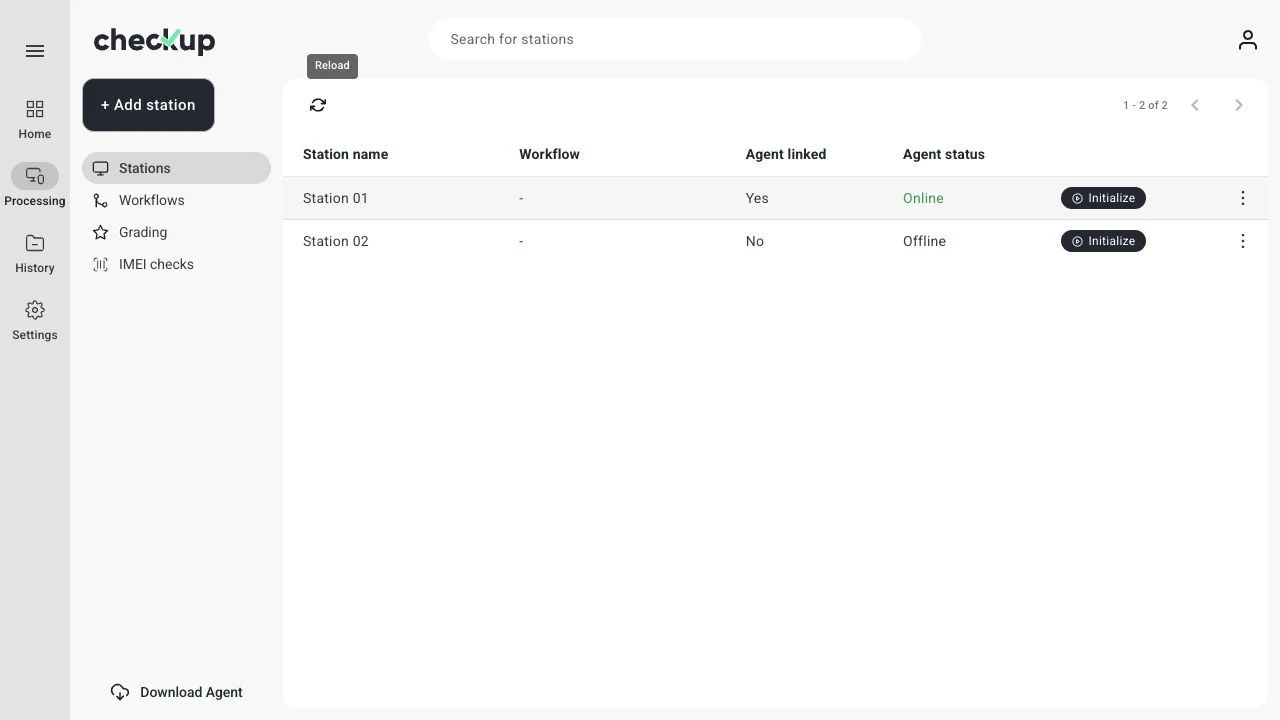 Stations screen showing Agent linked: Yes and Agent status: Online.