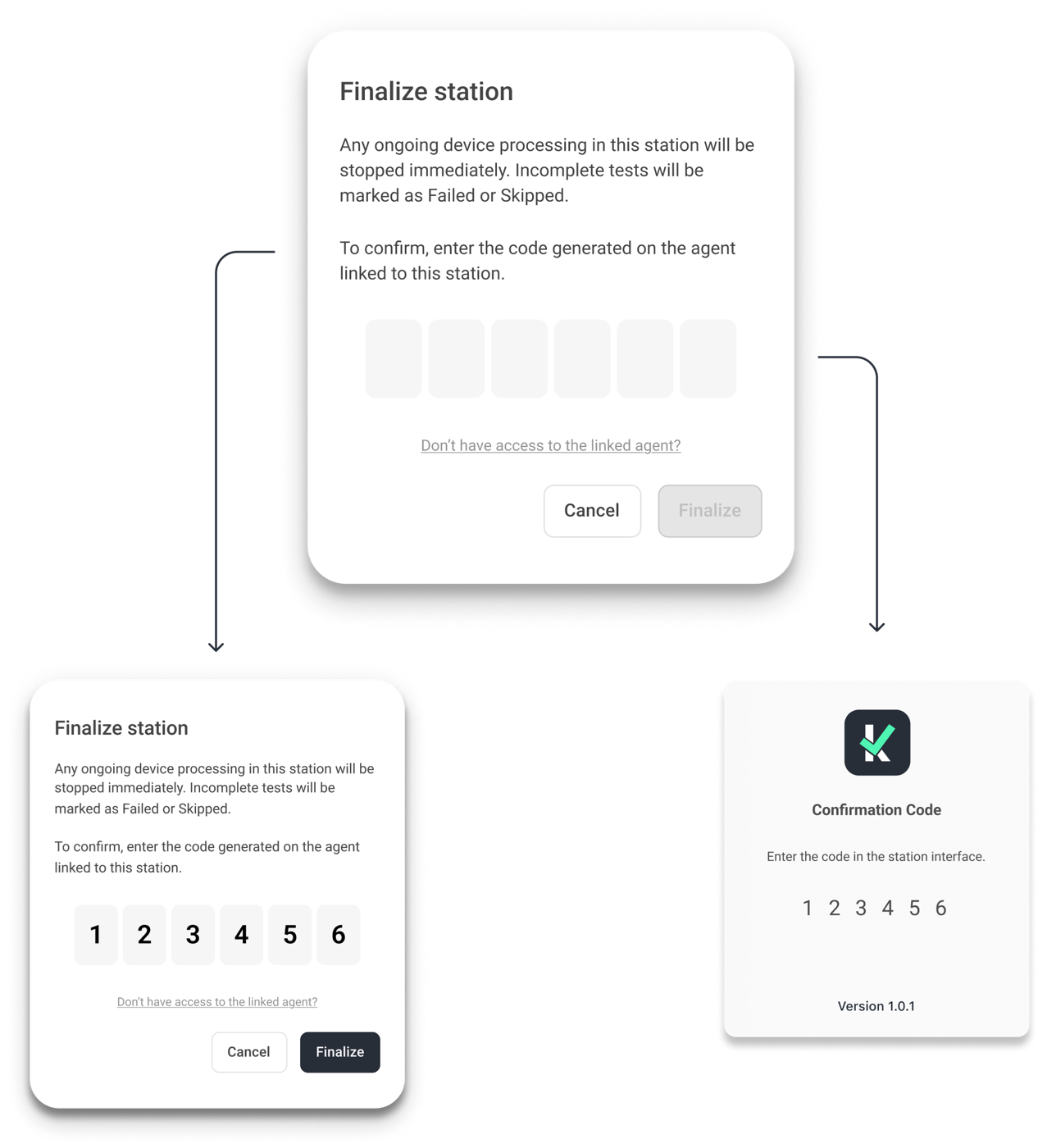 Checkup station finalization flow showing the verification-code dialog and confirmation code generated by the linked agent