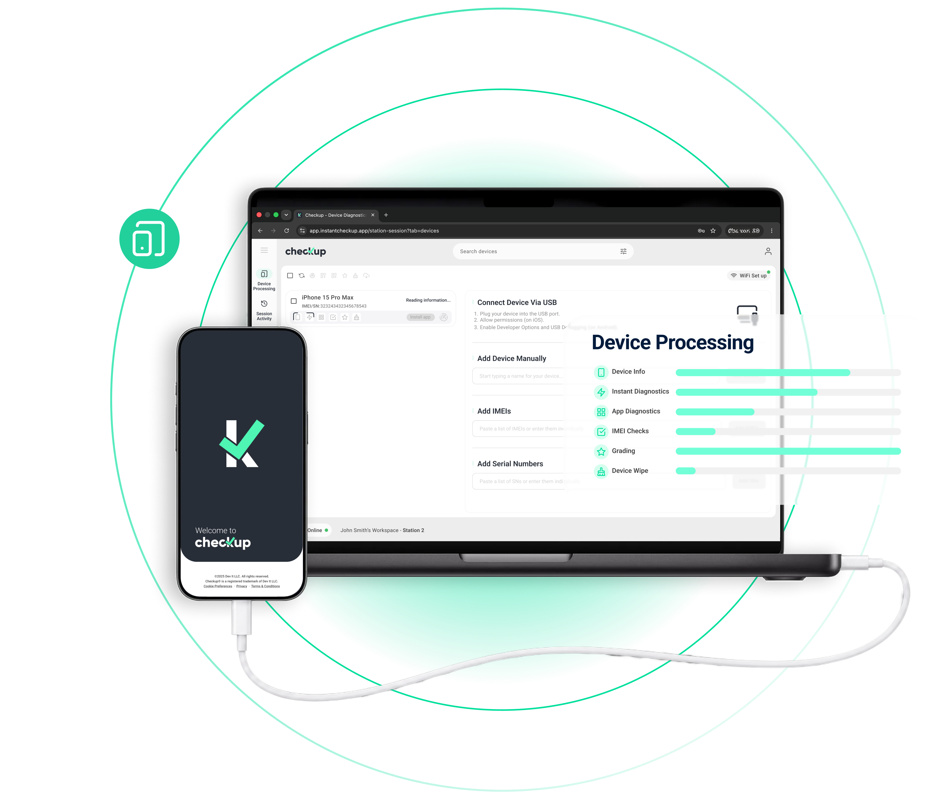 Workspace web di Checkup mostrato su un laptop accanto all’app mobile di Checkup