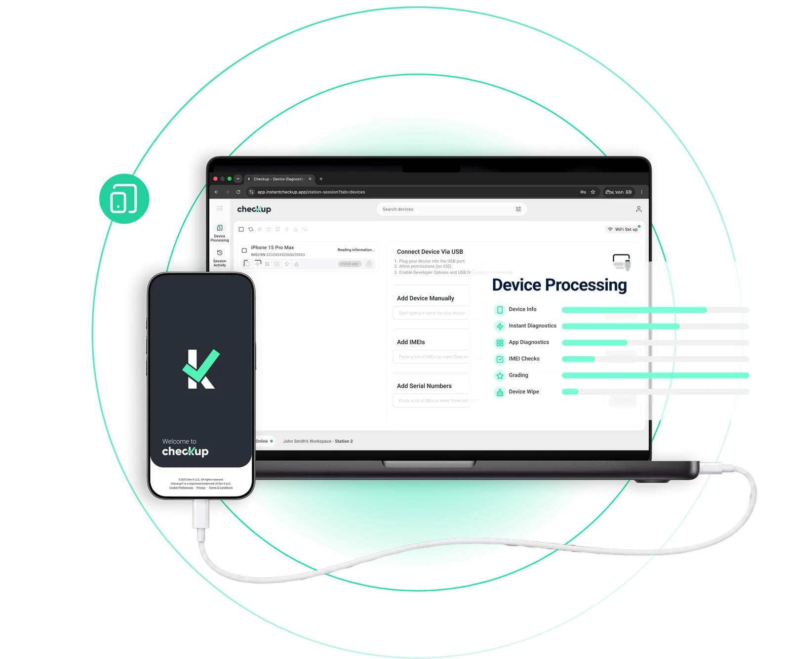 Workspace web di Checkup mostrato su un laptop accanto all’app mobile di Checkup