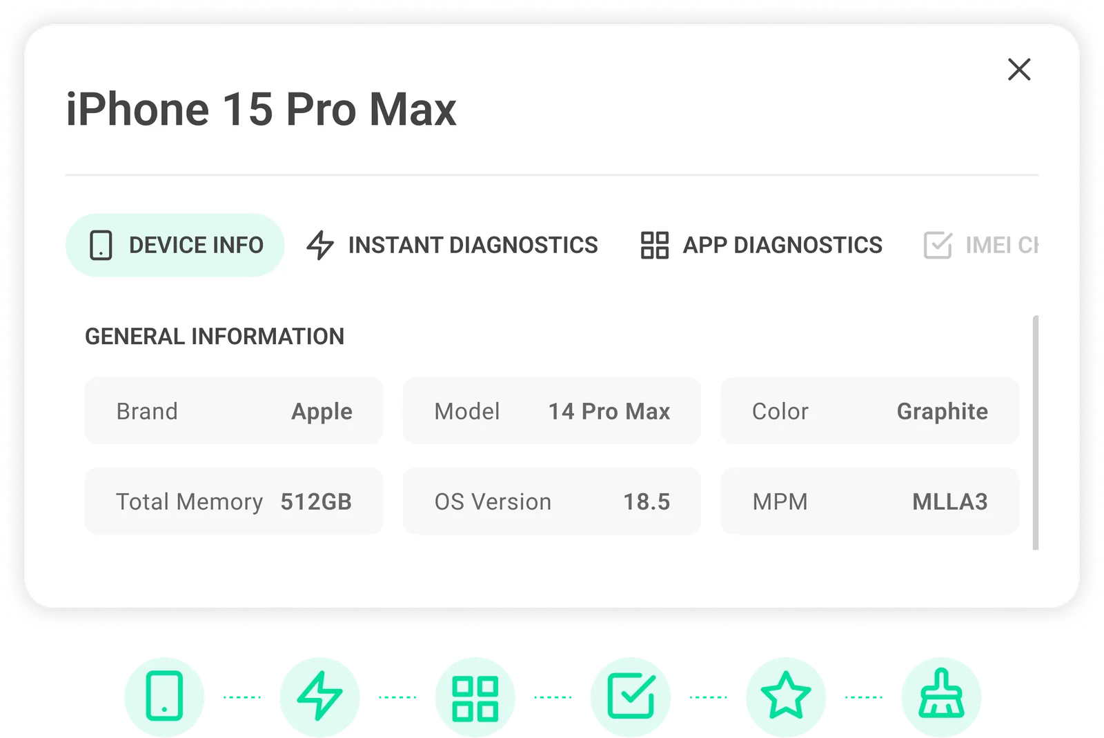 Panoramica del dispositivo in Checkup con informazioni sul dispositivo, diagnostica istantanea, verifiche IMEI e valutazione estetica
