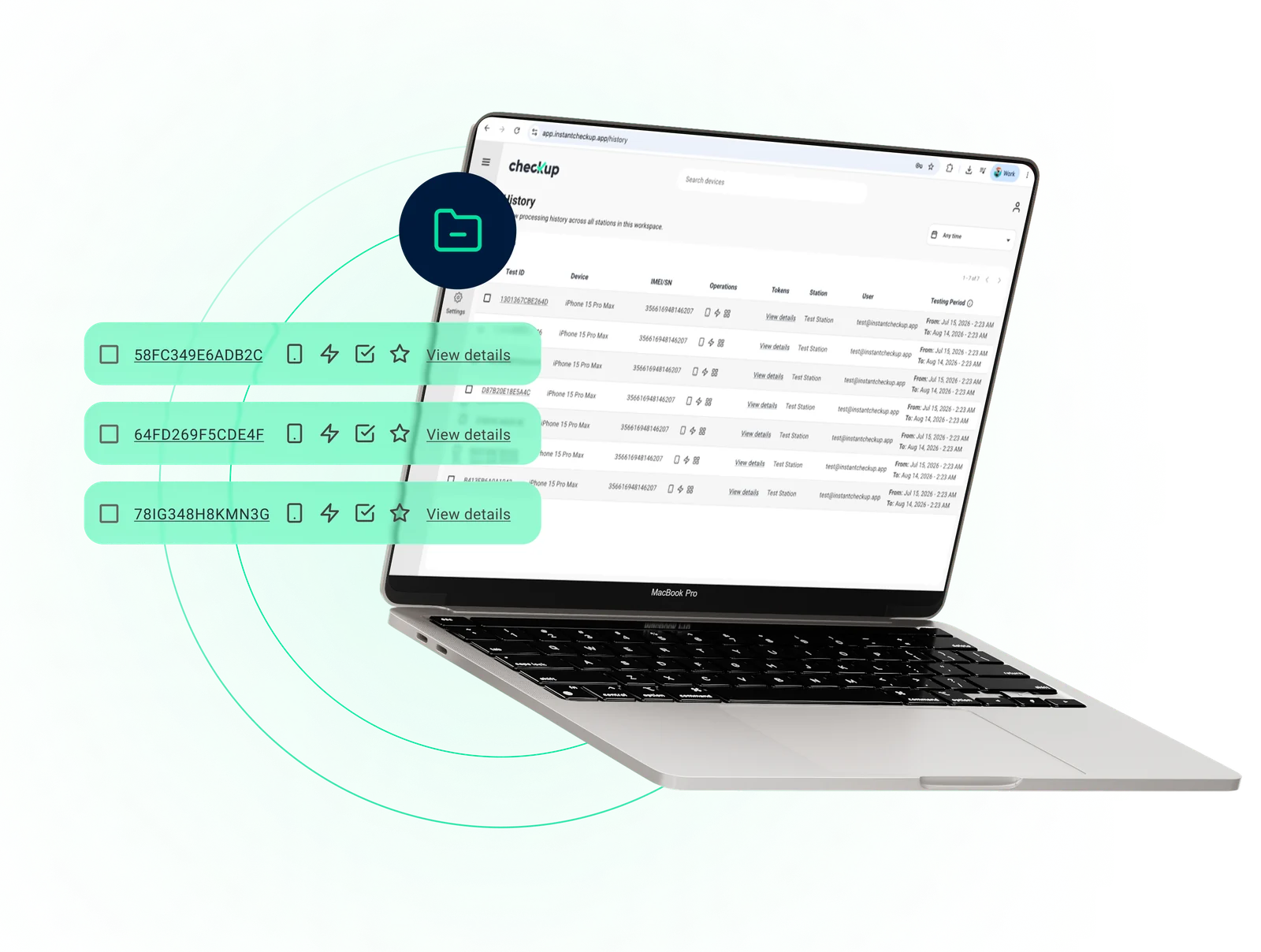 Cronologia di elaborazione di Checkup con registri dei dispositivi, operazioni, stazioni e periodi di test