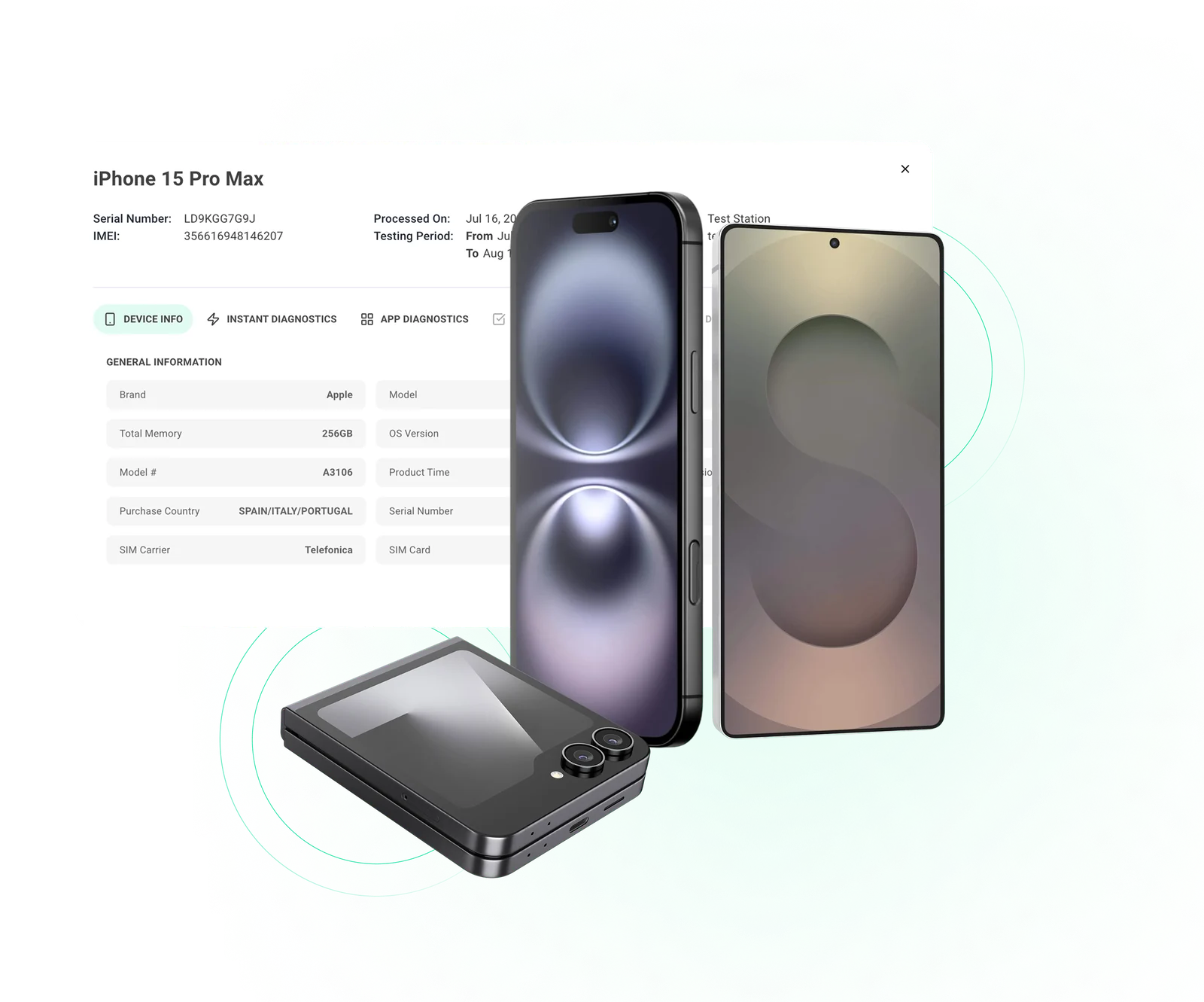 Panoramica delle operazioni sui dispositivi in Checkup con lo stato diagnostico di più dispositivi mobili supportati