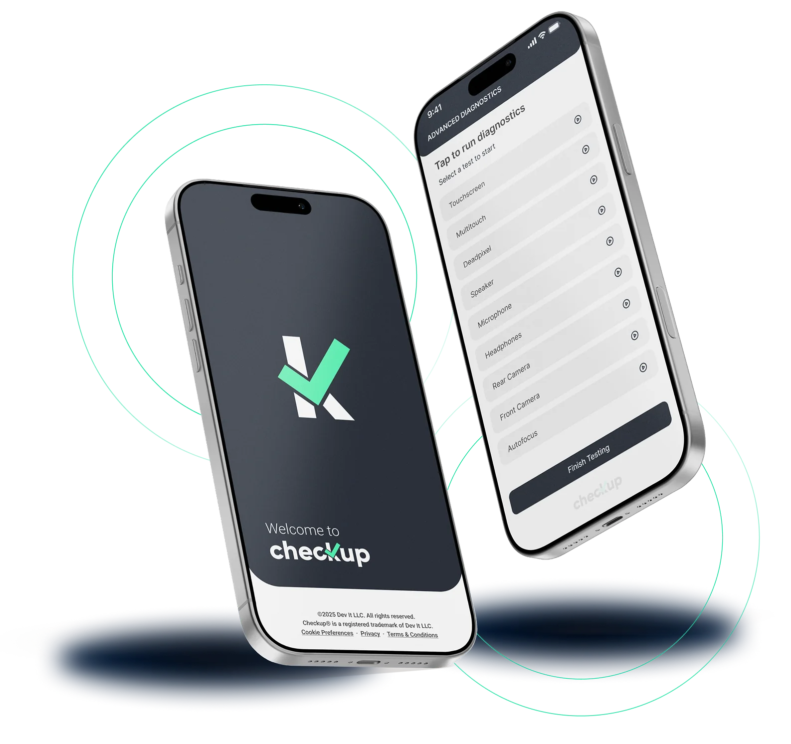 Diagnostica mobile Checkup con i test disponibili del dispositivo e i relativi risultati superato, non superato o saltato