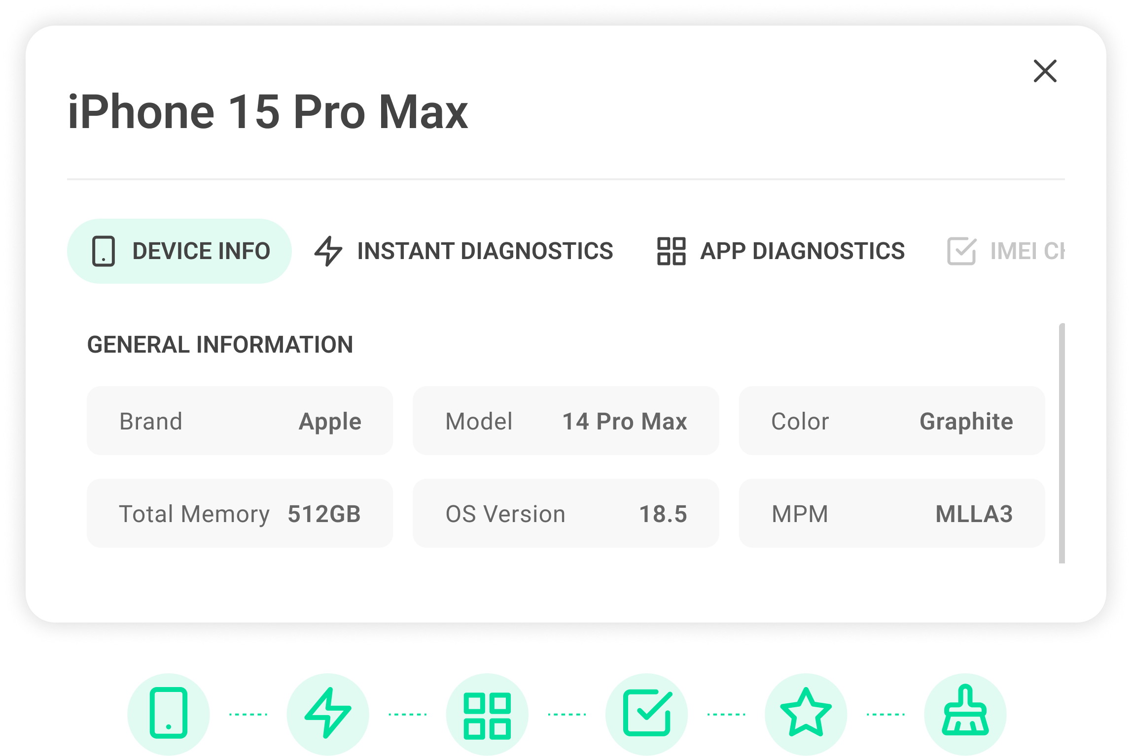 Panoramica del dispositivo in Checkup con informazioni sul dispositivo, diagnostica istantanea, verifiche IMEI e valutazione estetica