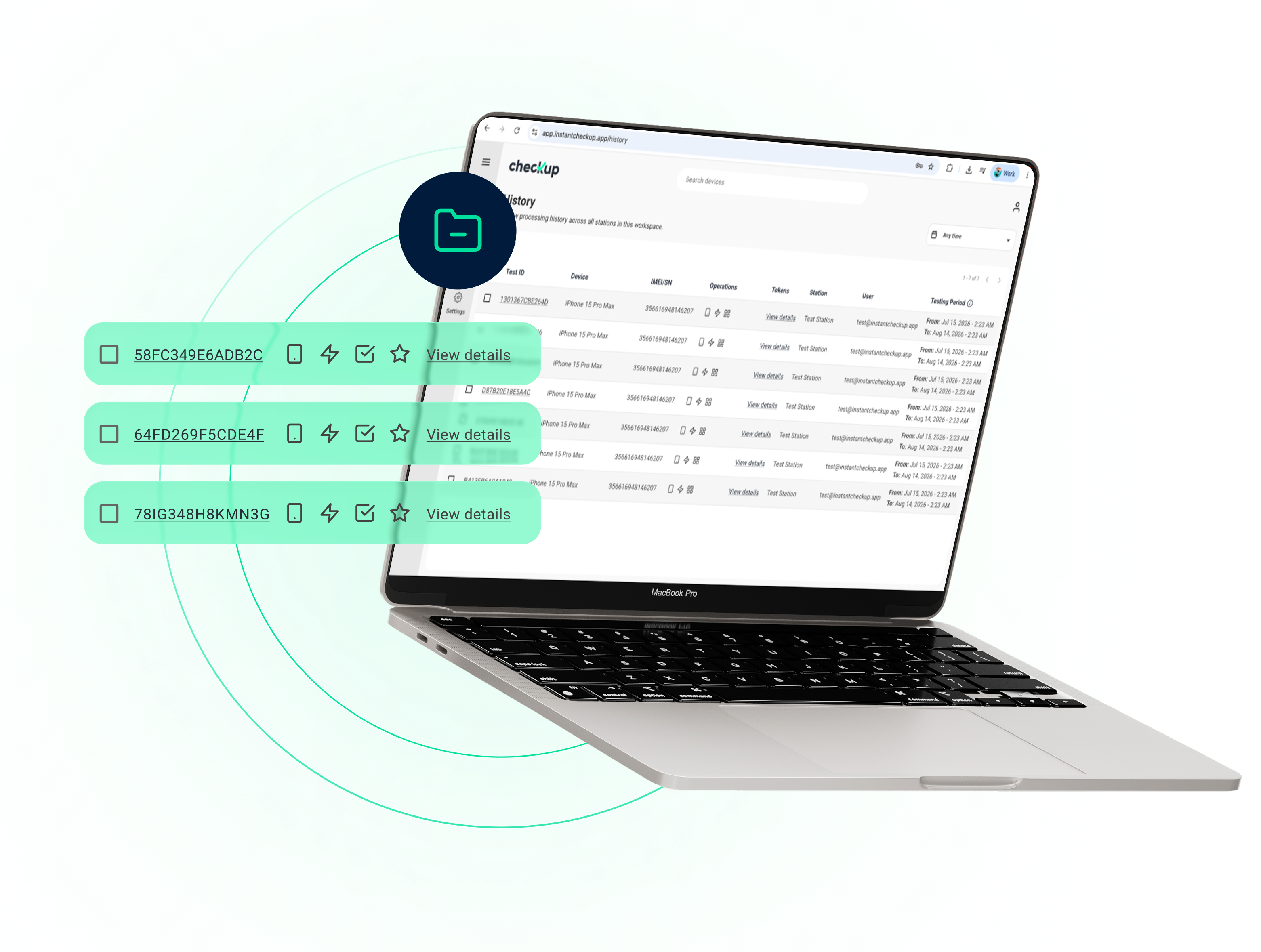 Cronologia di elaborazione di Checkup con registri dei dispositivi, operazioni, stazioni e periodi di test