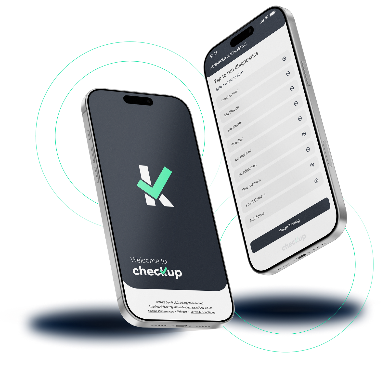 Diagnostica mobile Checkup con i test disponibili del dispositivo e i relativi risultati superato, non superato o saltato